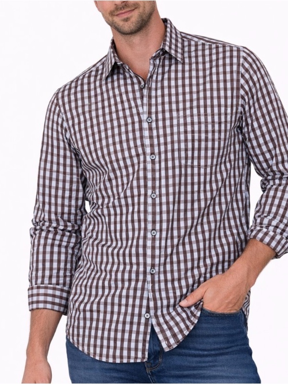 Bugatchi Uomo dress shirt button down checkered flip cuff blue/tan SZ LG casual